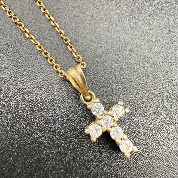 Sterling Silver Vermeil Cross Pendant Necklace With Cubic Zirconia Stones 925 It - Picture 3 of 6